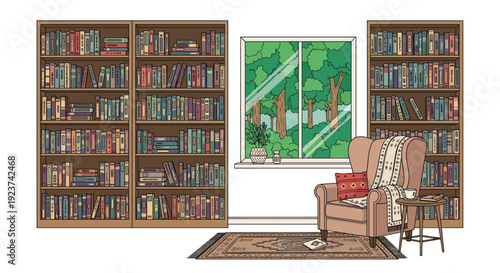 A cozy reading nook features two tall bookshelves filled with various books, an armchair, and a window with a green tree view.