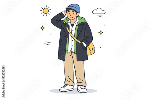 Uncertain spring outfits. A figure layering clothes awkwardly, shirt visible under a coat, collar slightly open. Natural realism and transitional styling.