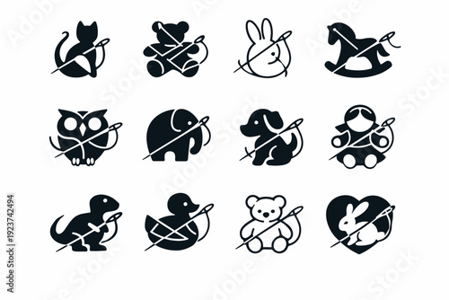 Hand-sewn stuffed animals and toys. Icon set. Set Logo of Hand-sewn stuffed animals and toys: sewing needle with thread forming animal shape. harmonious logo