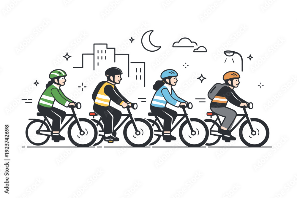 Fototapeta premium urban night cycling helmet culture. A group of cyclists wearing helmets and reflective gear, riding safely along a city street at night, small stars and motion