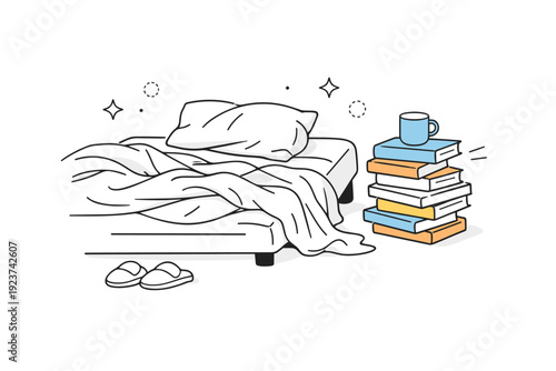 Anti-aesthetic aesthetics. A messy bed with wrinkled sheets, books stacked unevenly beside it. Unfiltered personal moment showing comfort, fatigue, and