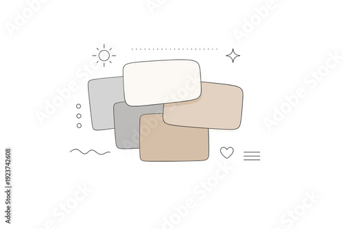 Muted neutral palette. Soft greys, ivory, and sand swatches layered simply to convey gentle sophistication. Calm and modern editorial mood.