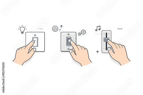 Analog Control Simplicity. Manual controls still used. A simple environment features analog light switches, toggles, or sliders being used by