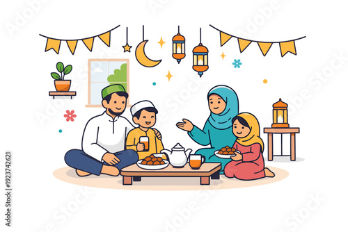 Eid family gathering spring peaceful home scene with family together and light festive decorations, evoking calm celebration, balance and spring renewal.