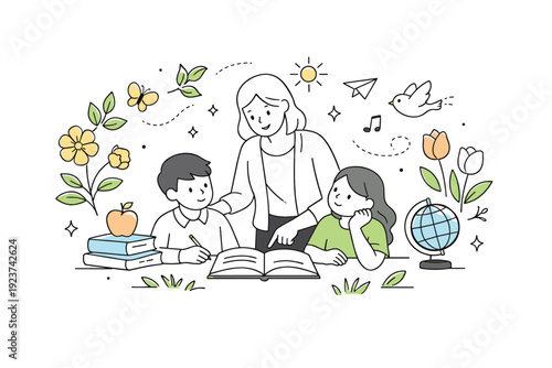 Spring Education Renewal. Education and spring renewal. A teacher guiding students while nature elements like flowers and leaves gently frame the scene. Visual
