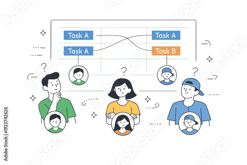 Ambiguity in team roles. A shared board shows duplicated task labels connected to different people. Quiet uncertainty expressed through