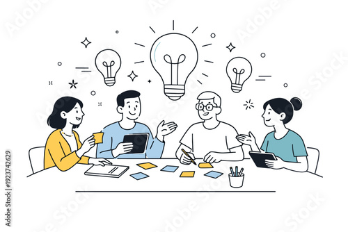 Team brainstorming session. A group of workers sitting around a table, sharing ideas with sticky notes and tablets, abstract lightbulbs and stars floating,