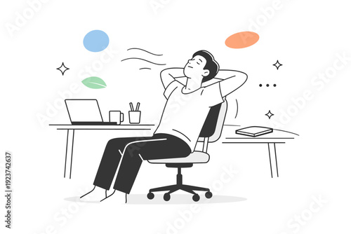 Breathing pauses visible. A seated figure pauses work at a desk, leaning back slightly while taking a deep breath. Moment of relief and