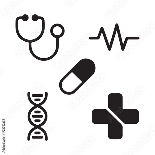 Medical symbols including stethoscope pill dna cross and heartbeat