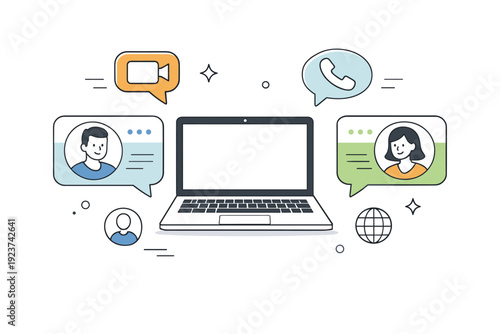 Client communication. Chat bubbles and video call icons floating near a laptop, friendly remote interaction. Clear and calm editorial