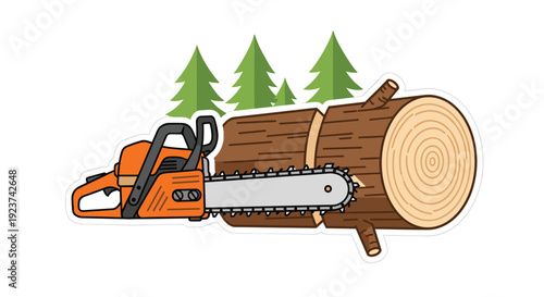 A powerful orange chainsaw is actively cutting through a large wooden log, with green pine trees visible in the background.