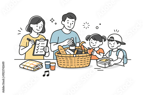 Family picnic organization. Parents and kids calmly packing a basket together in the kitchen, ticking off items from a list. Shared
