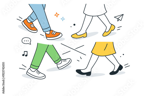 Crossing paths. Two or more sets of legs passing each other from an overhead or diagonal candid angle. Subtle sense of movement and fleeting