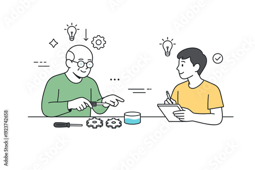 Learning across s. An older person demonstrating a process while a younger person takes notes, symbolizing continuity and skill