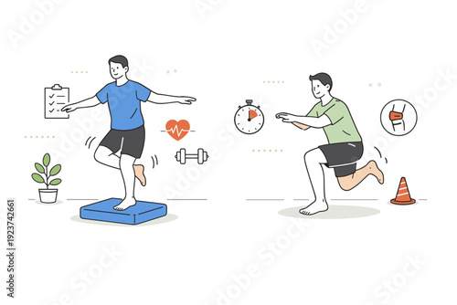 Functional rehab exercises. Athlete balancing on a foam pad or performing controlled single-leg drills, focus on stability and coordination,