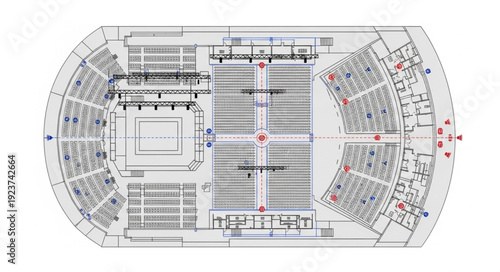 Detailed architectural blueprint of a large stadium with seating arrangements and stage.