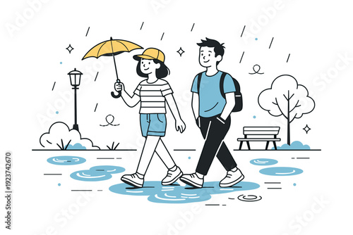 Summer rain walks. A casual stroll along a street or park path after rain begins, gentle puddles and motion lines showing drizzle. Peaceful movement and