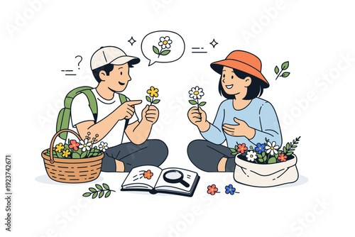 Wildflower foraging. Two people compare collected flowers and discuss identification. Friendly knowledge sharing and calm outdoor collaboration. Minimalist
