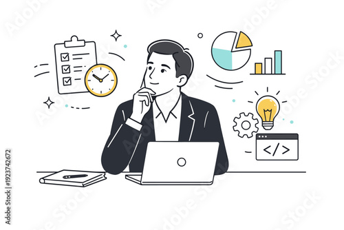 Task switching between projects. A focused professional pausing briefly between tasks, thoughtful expression with floating project icons