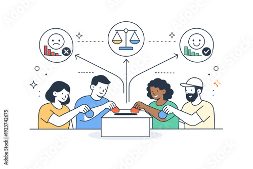 Group decisions with shared consequences. People placing individual tokens into a single central box, with result indicators branching back to the group. Sense