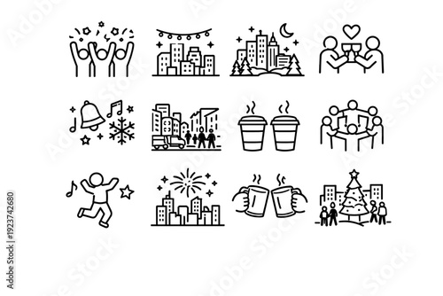 Festive Urban Atmosphere. Line icon set of Festive Urban Atmosphere: joyful crowd mood, city lights glow, winter night skyline, shared