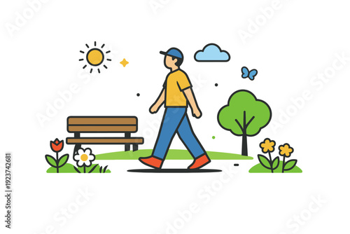 Leisurely spring park stroll relaxed walking through green spaces with flowers and simple benches, conveying peaceful leisure and connection with nature.