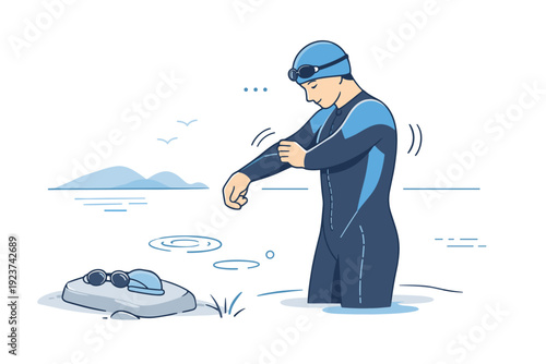 Wetsuit preparation moment. A swimmer carefully pulling on a wetsuit, standing near a lake or sea edge. Concentration, routine, and quiet anticipation.