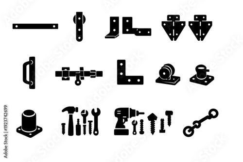 Barn door hardware. Solid icon set of Barn door hardware: track rail, door roller, mounting brackets, hinge set, door pull handle, latch system, corner brace,
