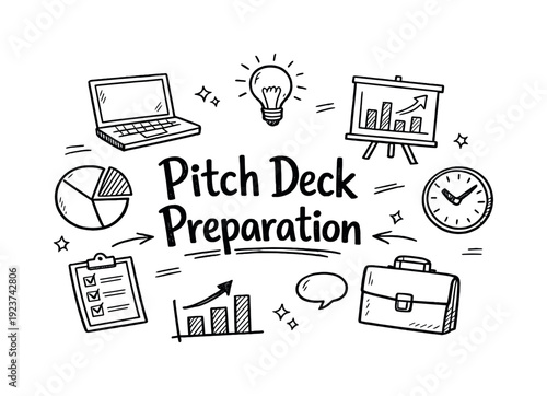 Pitch Deck Preparation. Hand-drawn doodle illustration of Pitch Deck Preparation. laptop,