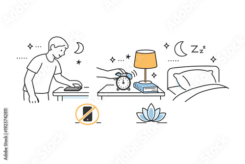 Optimizing sleep environment at home. Person placing a phone away from the bed and setting an alarm clock, intentional digital detox and