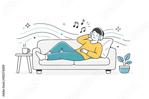 Self care routines with people. A person relaxes on a sofa, listening to music with headphones. Restful emotional recharge mood with gentle