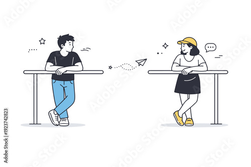 People leaning on railings. Two strangers leaning on the same railing with respectful distance between them. Shared space, no interaction,