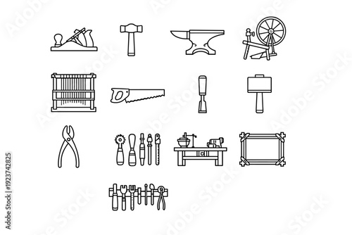 Antique Tool Icons. Antique tools and crafts. Line icon set of Antique tools and crafts: hand plane tool, vintage hammer, anvil, spinning wheel, loom frame,