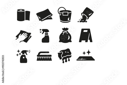 Coffee Spill - cleanup. Solid icon set of Coffee Spill - cleanup: paper towel, cleaning cloth, mop bucket, spill absorbent, wiping hand, spray bottle, trash