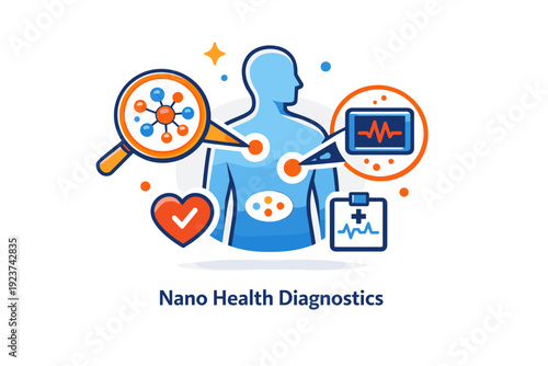 Nanotechnology in medicine modern diagnostic approach illustrated by nano scale sensors scanning a simplified human silhouette, suggesting