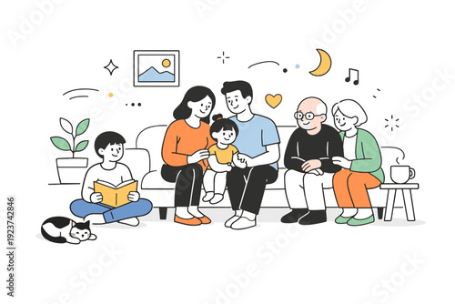 Family together overview. Warm editorial scene showing family members gathered in a calm shared space. Feeling of closeness, safety, and
