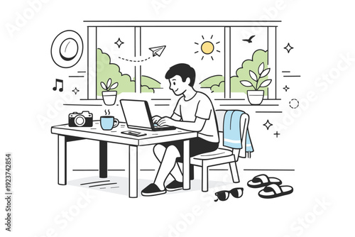 Remote freelance work in a summer cabin. A person works on a laptop at a wooden table, with greenery and sunlight visible through large windows. The
