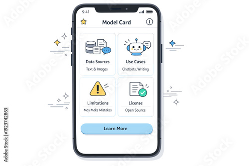 User-friendly AI transparency. A simple interface mockup of a model card shown on a mobile device, icons for data source, use