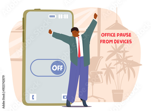 Businessman taking mindful break from smartphone to stretch and practice digital wellbeing