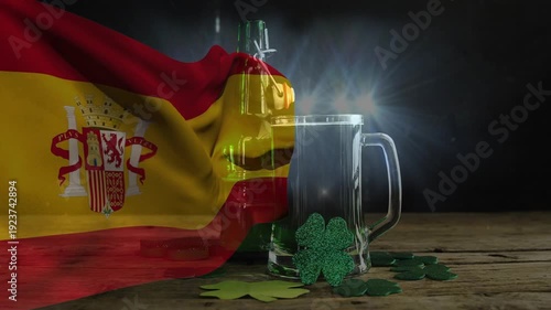 Wind gust causing Spain flag waving across table, revealing mug and bottle shine, showcasing clover