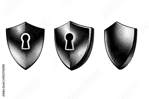 Cybersecurity shield abstract encryption emblem. Black and white dot style with halftone texture and high contrast. Halftone texture with
