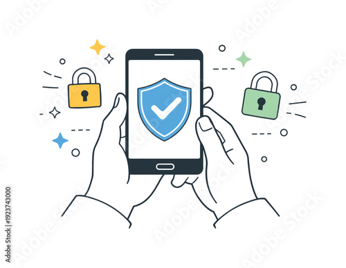 Personal data security. A user holding a smartphone displaying a shield icon, abstract floating locks and stars surrounding, calm and safe