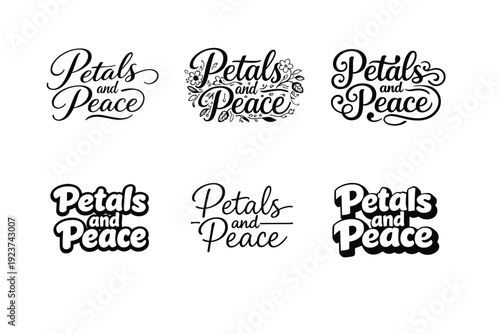 Petals and Peace. Set lettering. harmonious lettering variations of the same emblematic concept, each with different artistic interpretation (Elegant script