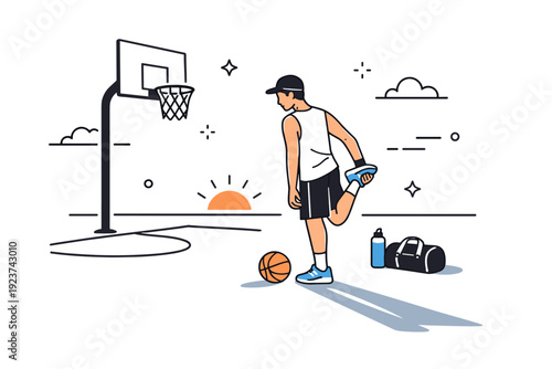 Basketball outdoor court training. Early morning court scene with a single player stretching near the hoop, long shadows on the ground. Quiet preparation and