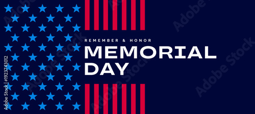 US Memorial Day card banner, stars and stripes background