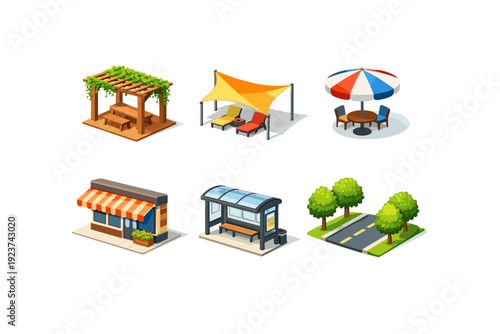 Colorful Isometric Shaded Spaces. Shaded spaces. Isometric flat vector icons set of Shaded spaces: pergola with vines, sunshade canopy, large umbrella,