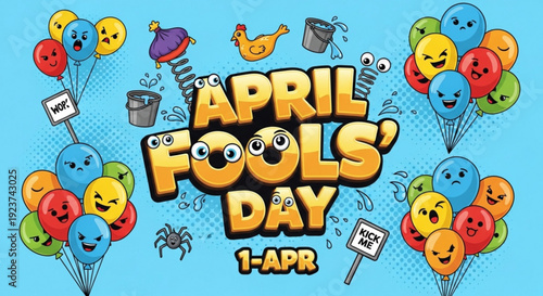 Colorful april fools' day illustration with balloons and emojis on light blue background