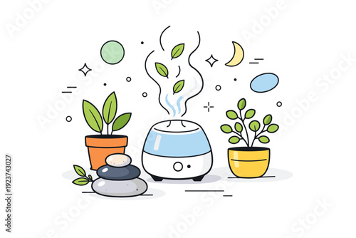 Aromatherapy and nature touch. Small diffuser with herbal steam near desk plants and stones, floating decorative shapes enhancing sense of