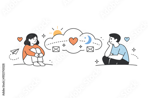 Emotional storytelling visuals. Two characters separated by space but visually connected through soft shapes and shared symbols. The scene communicates