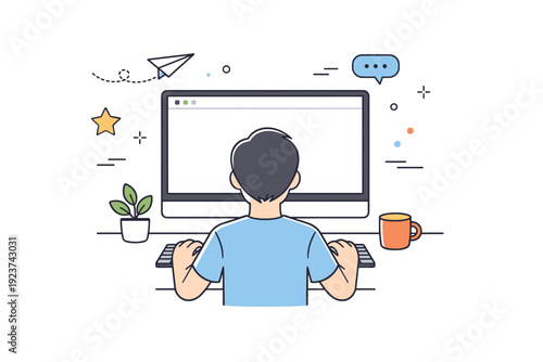 Blank documents open. A person sitting in front of a computer with an empty page on screen, resting hands near the keyboard. Beginning of a